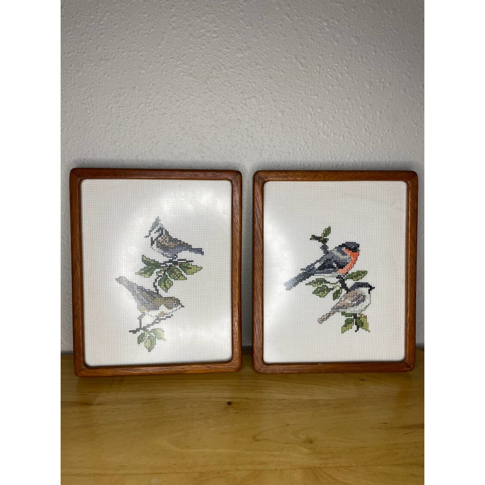 Two Wood Framed Bird Cross Stitch Pictures Art Cottage Core